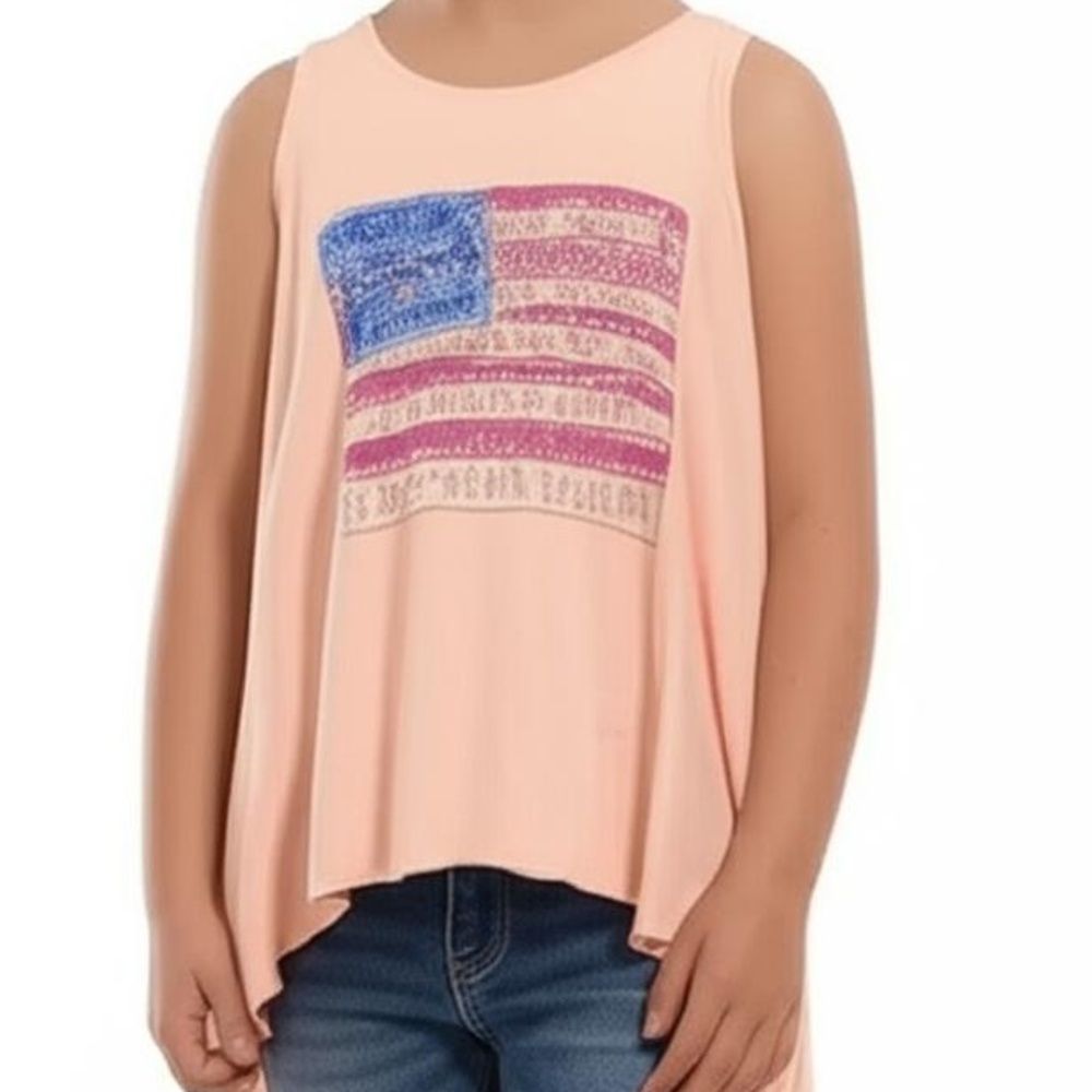 Jessica Simpson Girls Tank Top L Pink USA Flag Glitter High-Low Patriotic Casual